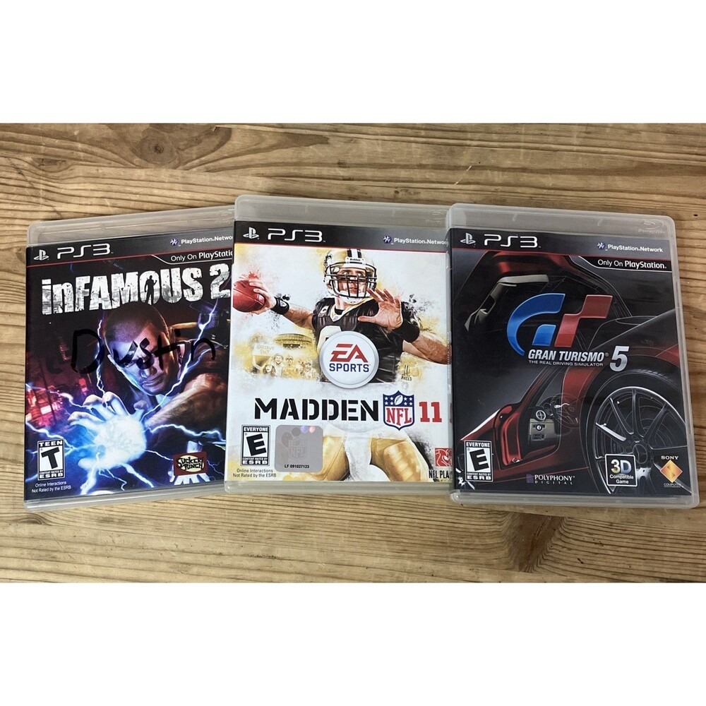 PS3 PlayStation Video Game Lot - Infamous 2 - Madden 11 - Gran Turismo 5 EUC
